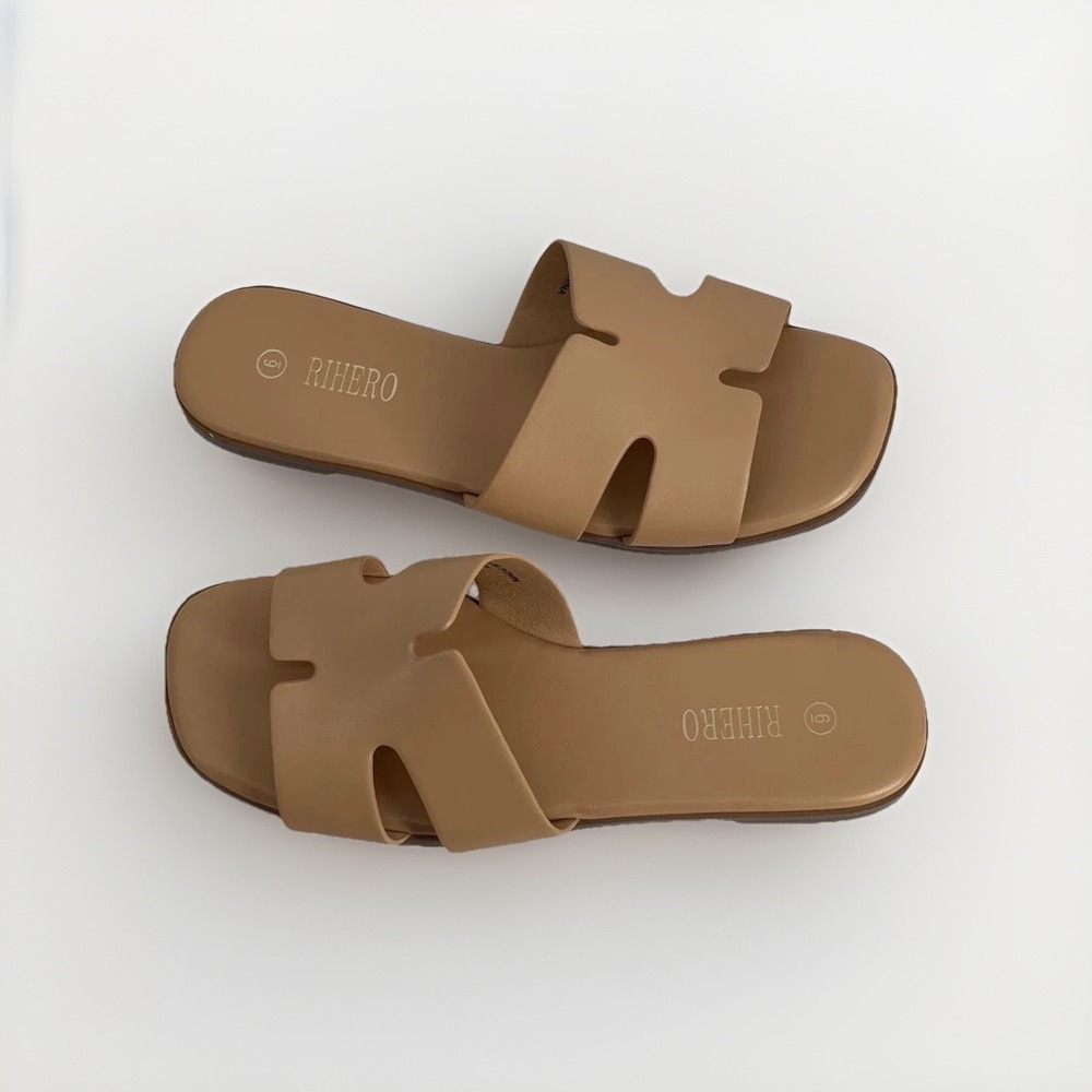 Rihero Slide Sandals Women Size 6 Tan Open Toe Flat Casual Slip On